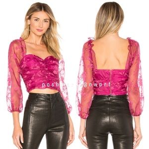 LOVERS + FRIENDS 💘 Octavia Pink Magenta Crop Top Ruched Blouse Puff Sleeve XS